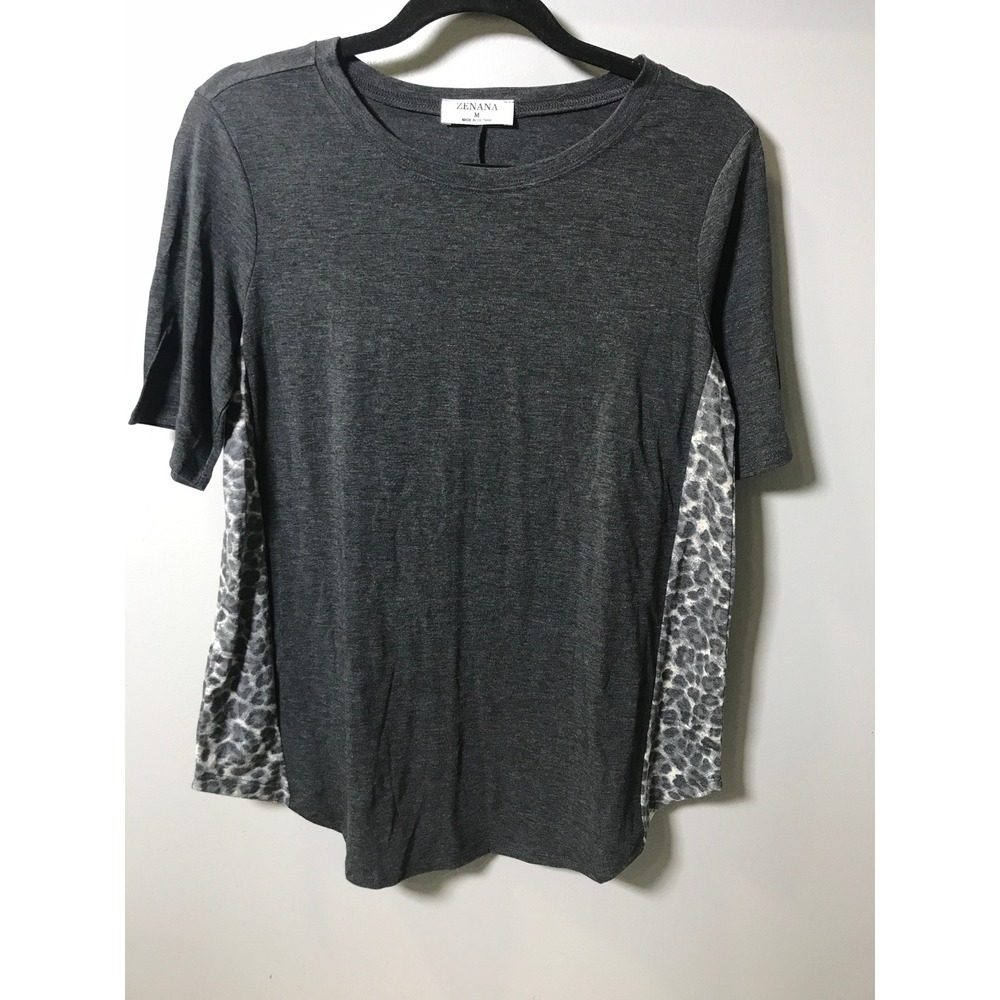 Zenana Womens Charcoal Grey Leopard Print Side Panel Short Sleeve Top Size M